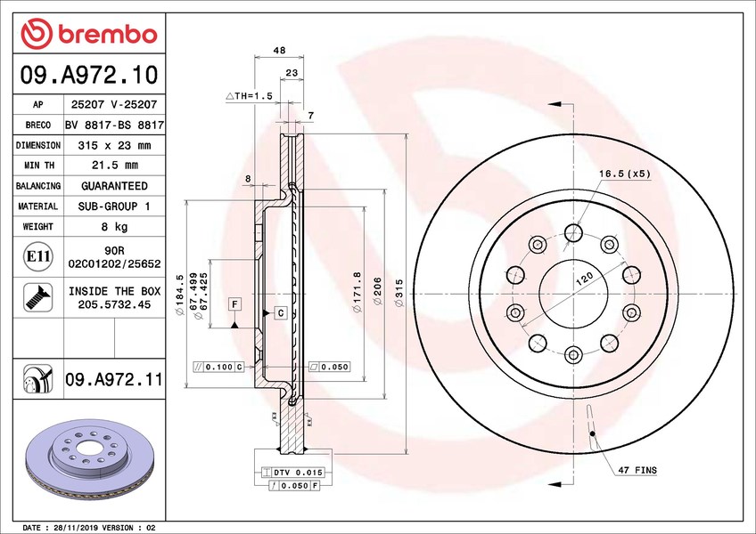 Диск гальмівний CHEVROLET MALIBU (V300) 2.4 2012.01- BREMBO (09.A972.11) BREMBO фото 7