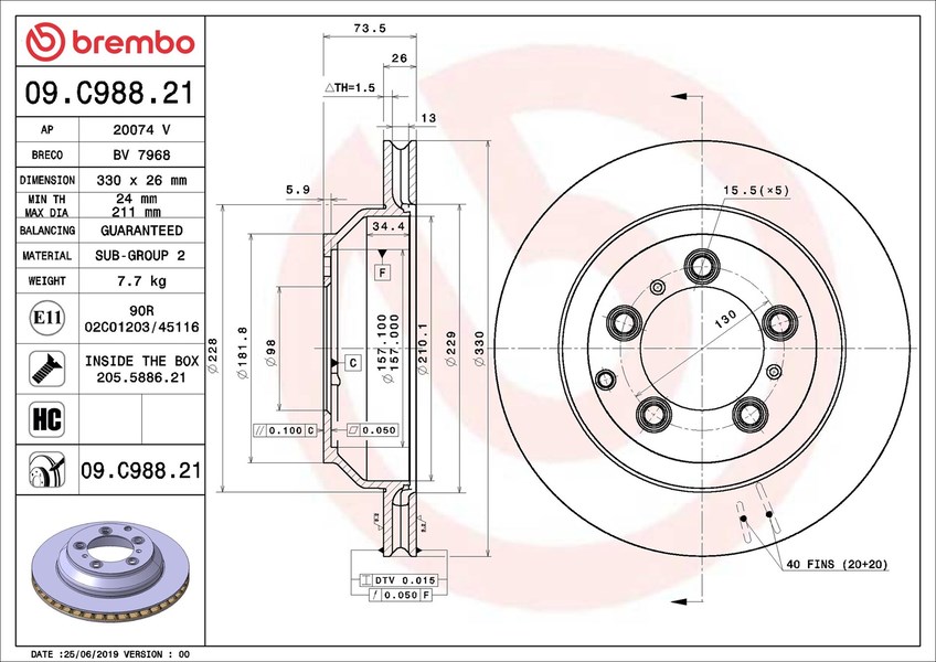 Диск гальмівний PORSCHE CAYENNE (9YA) 3.0 2017.05- BREMBO (09.C988.21) BREMBO фото 7