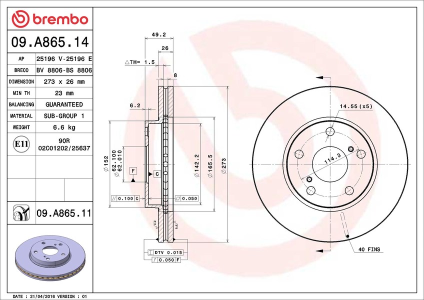 Диск гальмівний TOYOTA AURIS (_E15_) 1.6 2006.10-2012.09 BREMBO (09.A865.11) BREMBO фото 7