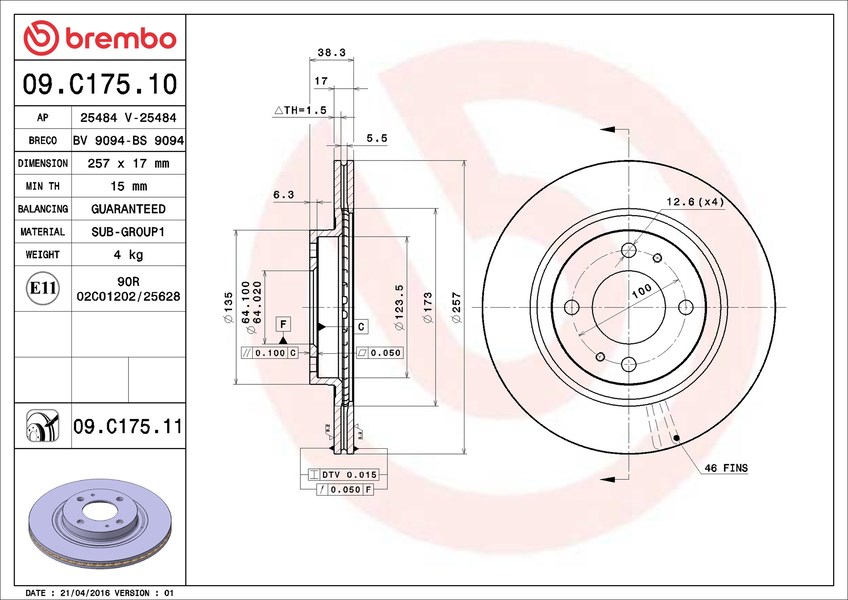 Диск гальмівний MITSUBISHI I (HA_) 2006.01- BREMBO (09.C175.11) BREMBO фото 3