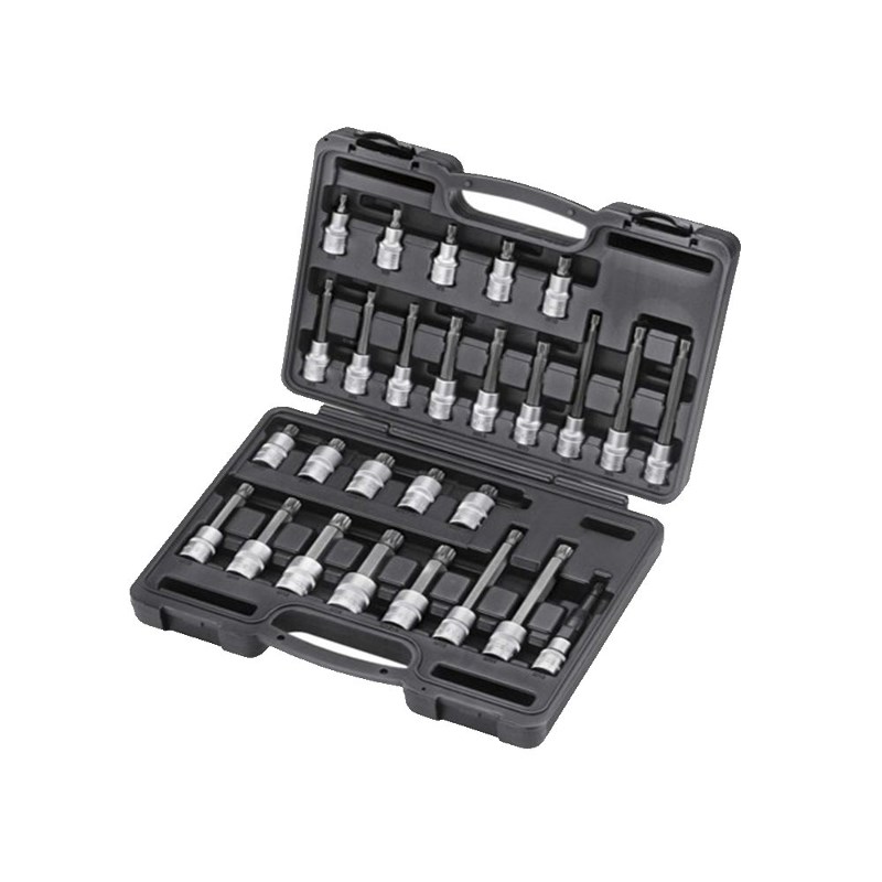 Набір головок-біт Spline (M5-M18) 28 пр. • Довжина 55 mm, SPLINE XZN M5, M6 M8, M9, M10, M12, M14, M16 • Довжина 100 mm, SPLINE XZN M5, M6 M8, M9, M9,5, M10, M12, M14. M16, M18 • Довжина 140 mm, SPLINE XZN M8, M9, M10, M12, M14 • Довжина 55 mm, M14, M16 • Довжина 100 mm, M16 • Довжина 110 mm, M10