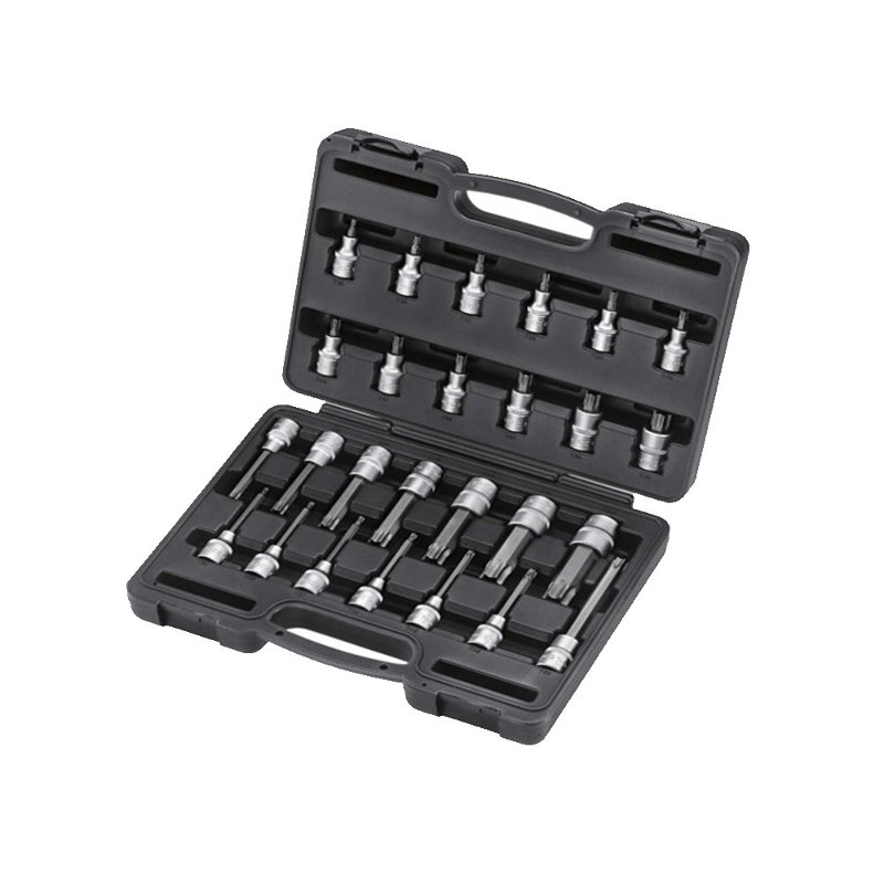 Набір головок з бітами 1/2" TORX 28 пр • Довжина 55 mm, TORX T20, T25, T27, T30, T40, T45, T50, T55, T60, T70 • Довжина 100 mm, TORX T20, T25, T27, T30, T40, T45, T50, T55, T60, T70, T80, T90, T100 • Довжина 140 mm, TORX T60