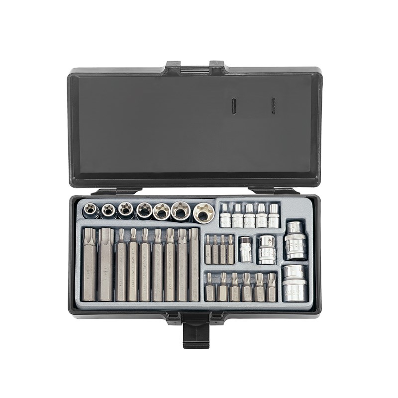Набір біт TORX та головок E-проф. TORX: 1/2", 1/4", 3/8" 35 пр. Біти: 10мм Hex 4; 5; 6; 7; 8; 10; 12 (30мм) 10мм Hex 4; 5; 6; 7; 8; 10; 12 (75мм) 10мм TORX T20; T25; T30; T40; T45; T50; T55 (30мм) 10мм TORX T20; T25; T30; T40; T45; T50; T55 (75мм) 14мм TORX:T60; T70 (50мм) 14мм TORX: T60; T70 (75мм)