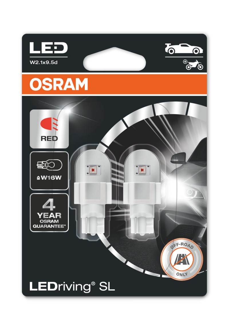 Авто лампа OSRAM / LED / 2 шт. / W16W / W2.1x9.5d / 12V / 1,4 W / червона /